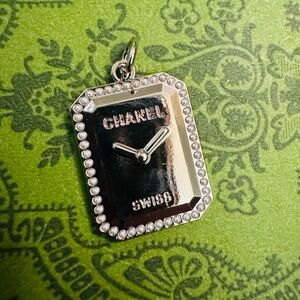 CHANEL Silver with Pearls- Rectangular Clock Pendant- SWISS